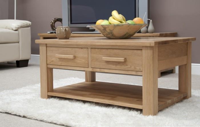 table basse avec tiroir en bois tapis blanc fruits