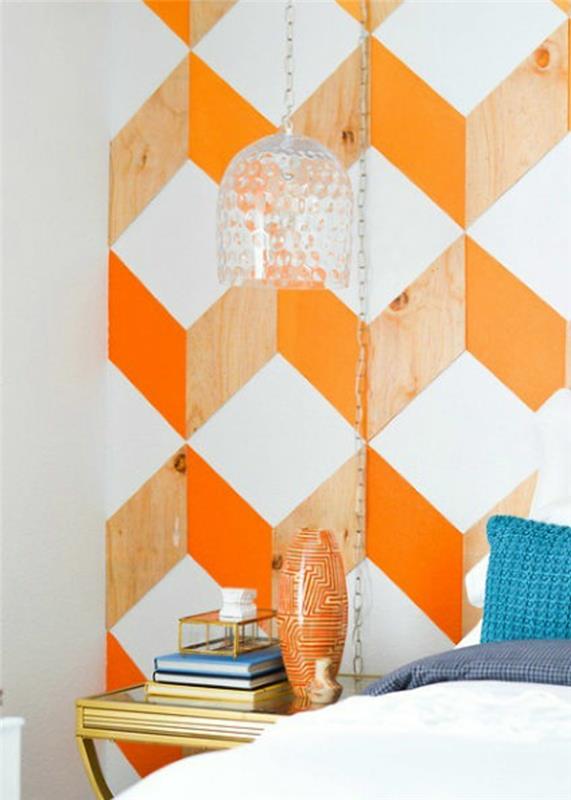 idées maison bricolage décoration murale motif géométrique orange bois blanc