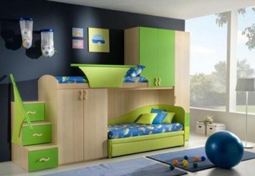 chambre d'enfant magnifique mur vert noir deux enfants lit superposé table à langer