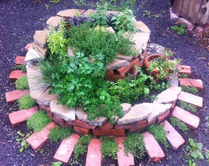 Pierre en spirale d'herbes petites pierres pleines de briques fleuries Plantes médicinales Herbes culinaires Spirale d'herbes