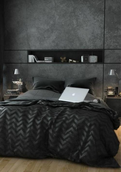 Lit de chambre design mural noir aspect béton pratique