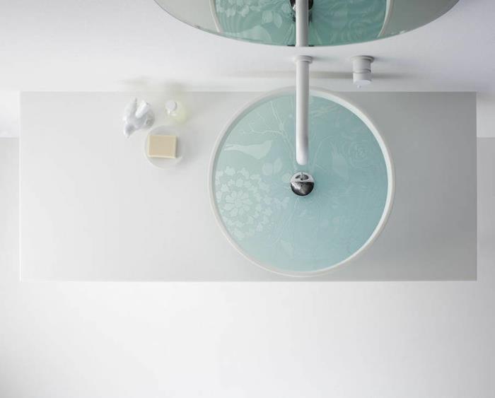 évier design forme ronde verre acier blanc ameublement de salle de bain